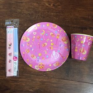 Sailor moon plate, chopsticks and cup